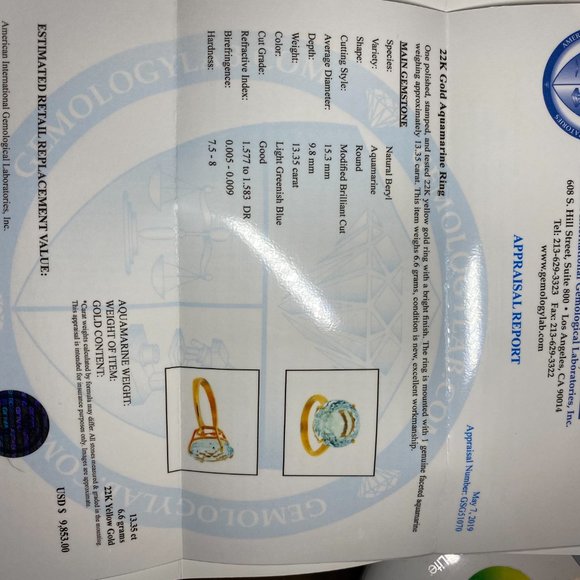 Certified Aquamarine 13.35ct Solid 22K Gold Ring - Picture 8 of 8